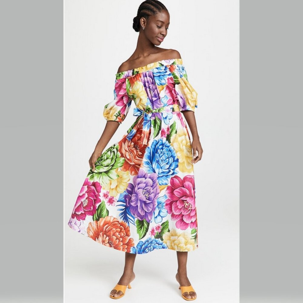 Farm Rio Rainbow Chita Off the Shoulder Maxi Dress Size L  NWT